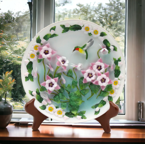 Hummingbird with Columbine Flowers Decor Plate with Stand Home Décor Gift for Her Mom Kitchen Décor Birdwatcher Gift