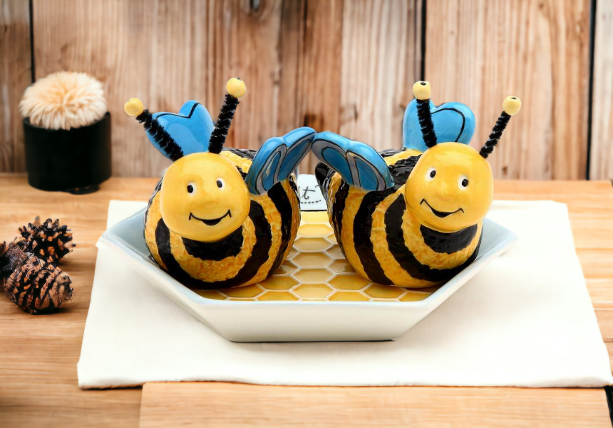 Let it Bee: Hand Painted Ceramic Bumblebees Salt & Pepper With Plate (Set Of 3) Home Décor Gift for Her Gift for Mom