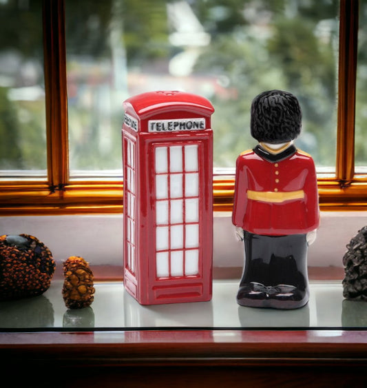 London England: The Queen’s Guard And Red Telephone Booth Salt & Pepper Shakers Home Décor Gift for Her Gift for Mom