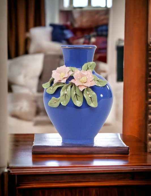 Mini Size Ceramic Columbine Flowers on Blue Vase Home Décor Gift for Her Gift for Mom Spring Decor