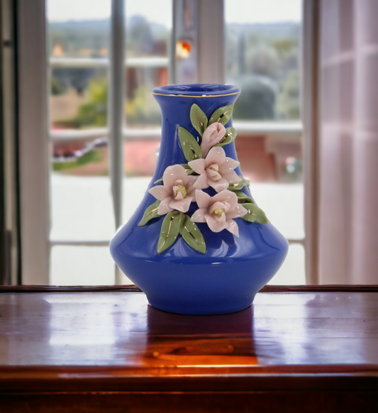 Mini Size Ceramic Sweet Pea Flower on Blue Vase Home Décor Gift for Her Gift for Mom Spring Decor
