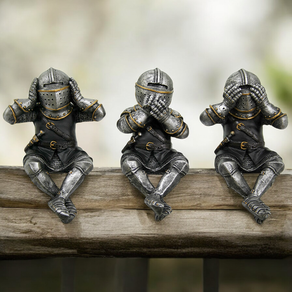 Polyresin Three Medieval Knights That Hear Speak and See No Evil Figurines Gift for Him Medieval Theme Decor - Figurine