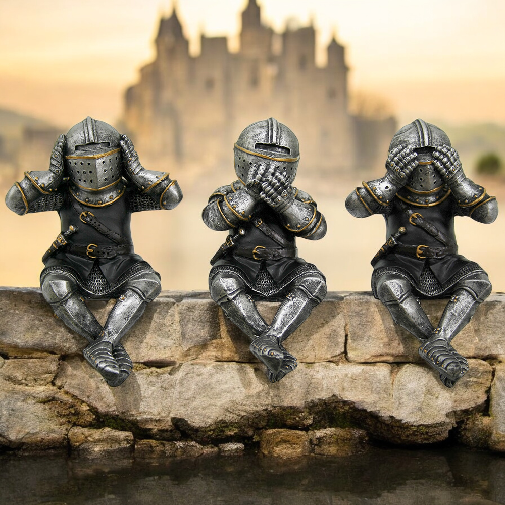 Polyresin Three Medieval Knights That Hear Speak and See No Evil Figurines Gift for Him Medieval Theme Decor - Figurine