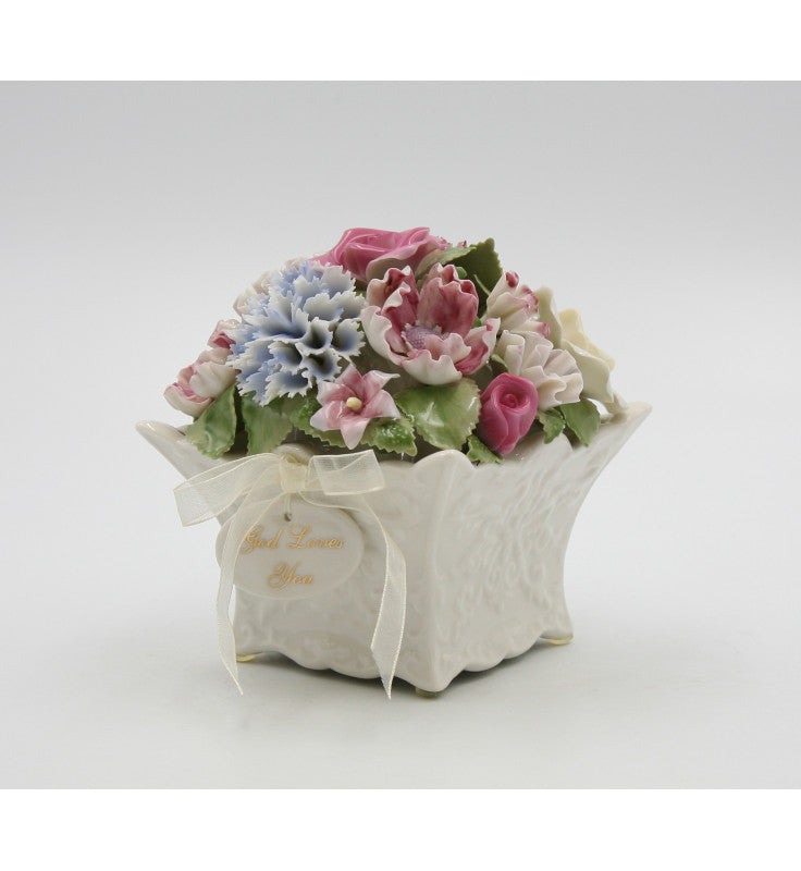 Pretty Petals: Elegant Handcrafted Ceramic Flowers Bouquet Music Box with Removable ’God Loves You’ Pendant - Edelweiss