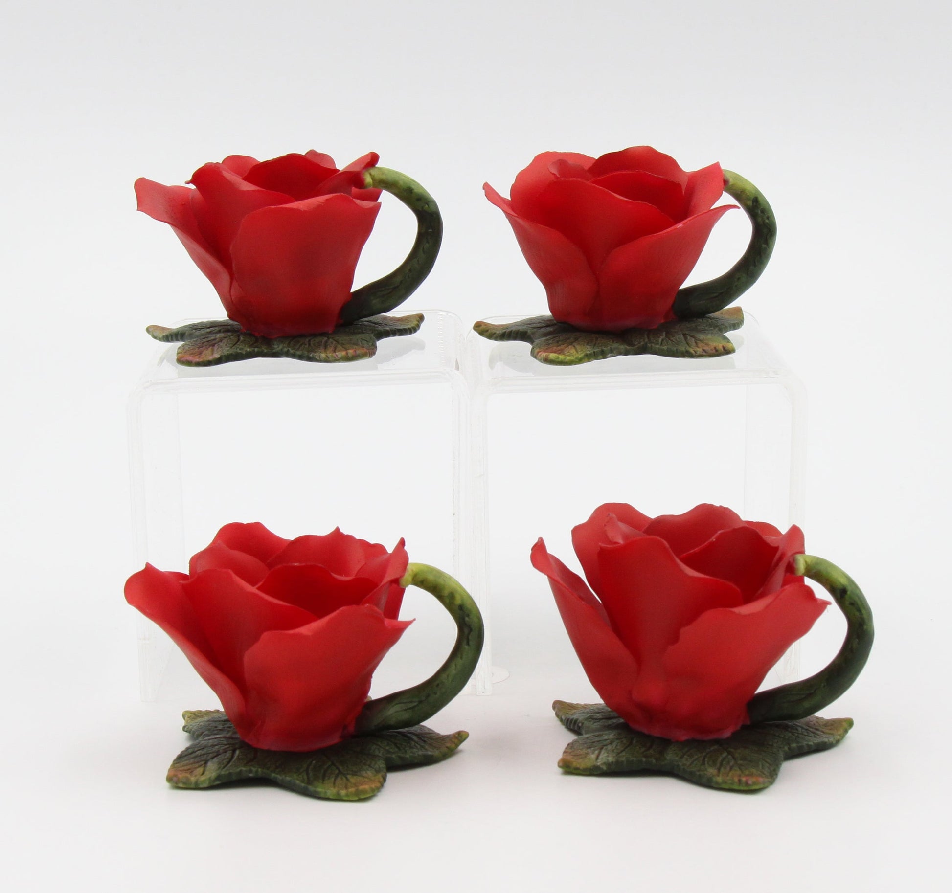 Set of 4 Ceramic Red Rose Flower Candle Holders Home Décor Gift for Her Gift for Mom Nature Lover Gift Vintage Decor