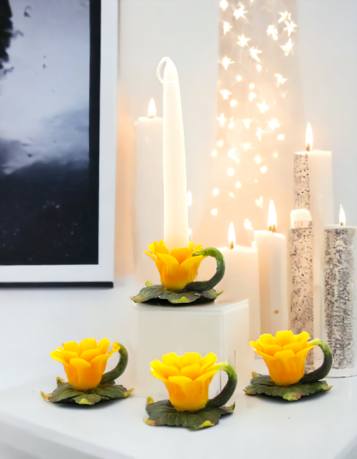Set of 4 Ceramic Yellow Daisy Flower Candle Holders Home Décor Gift for Her Gift for Mom Nature Lover Gift Vintage