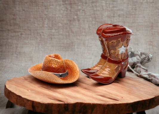 Wild West: Hand Painted Ceramic Cowboy Hat and Boots Salt and Pepper Shakers Home Décor Gift for Him Gift for Dad