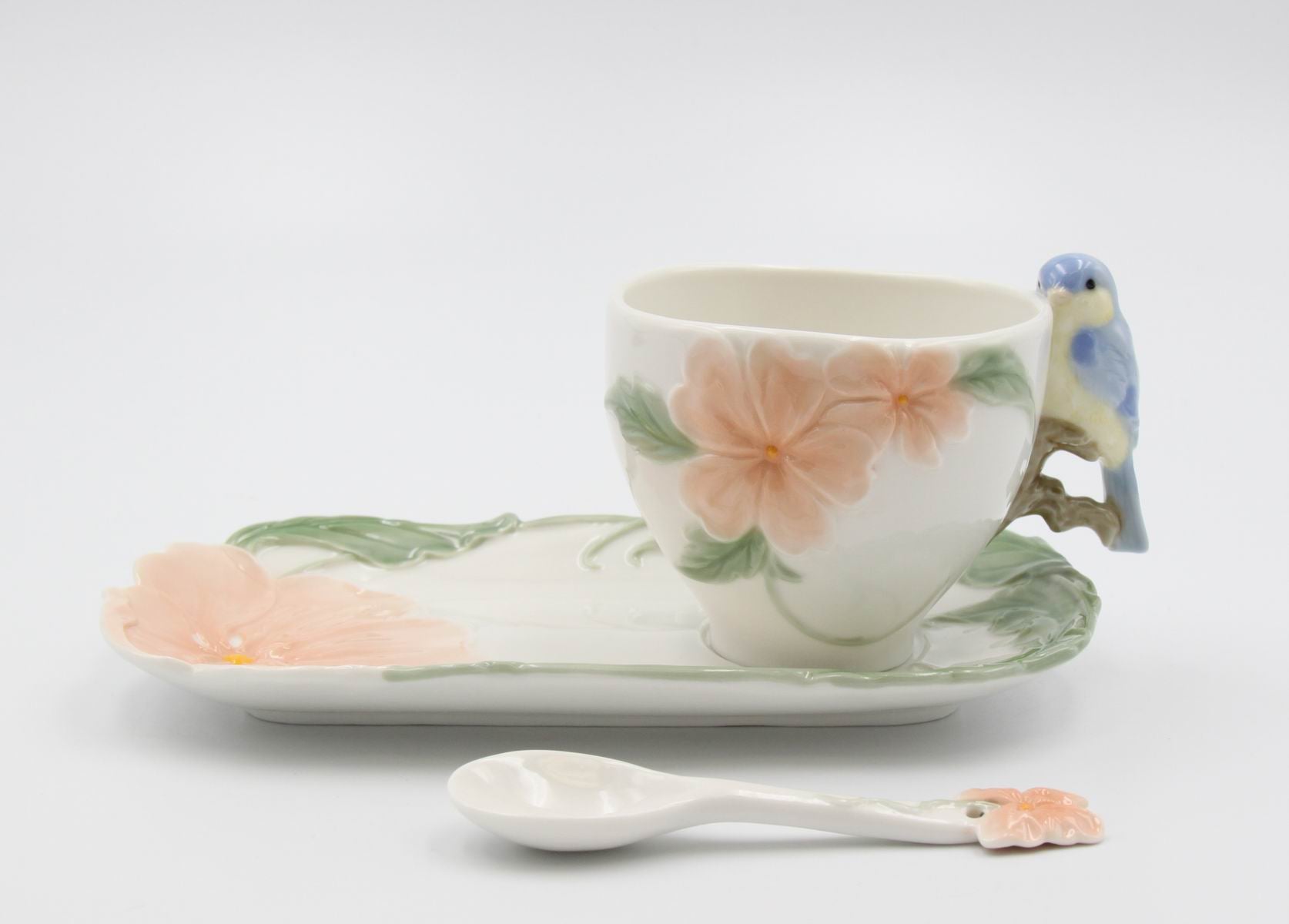 Bluebird Apple Blossom Cup And Saucer And Spoon - 3 Pieces Set - kevinsgiftshoppe