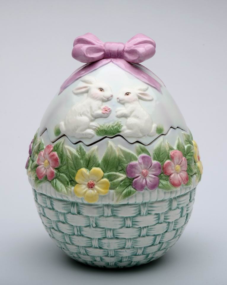 Ceramic Egg Shaped Cookie Jar with Bunny Rabbits and Flowers, Gift for Her, Gift for Mom, Kitchen Décor, Spring Décor, Easter Décor