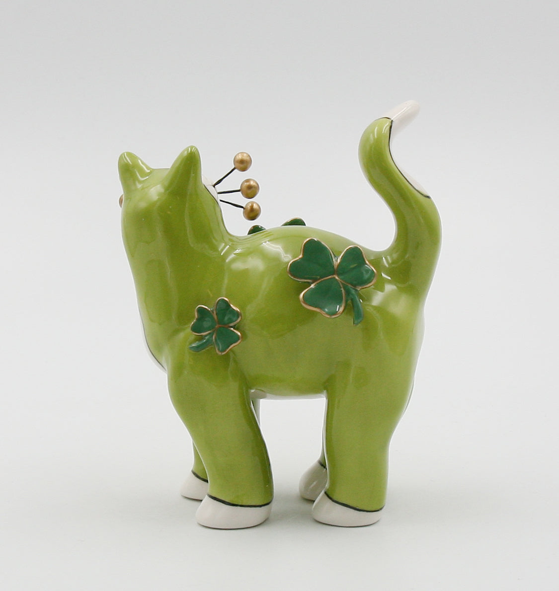 Ceramic Green Cat with Shamrocks and Golden Bead Whiskers Figurine, Home Décor, Gift for Her, Gift for Mom, Irish Saint Patrick’s Day Décor