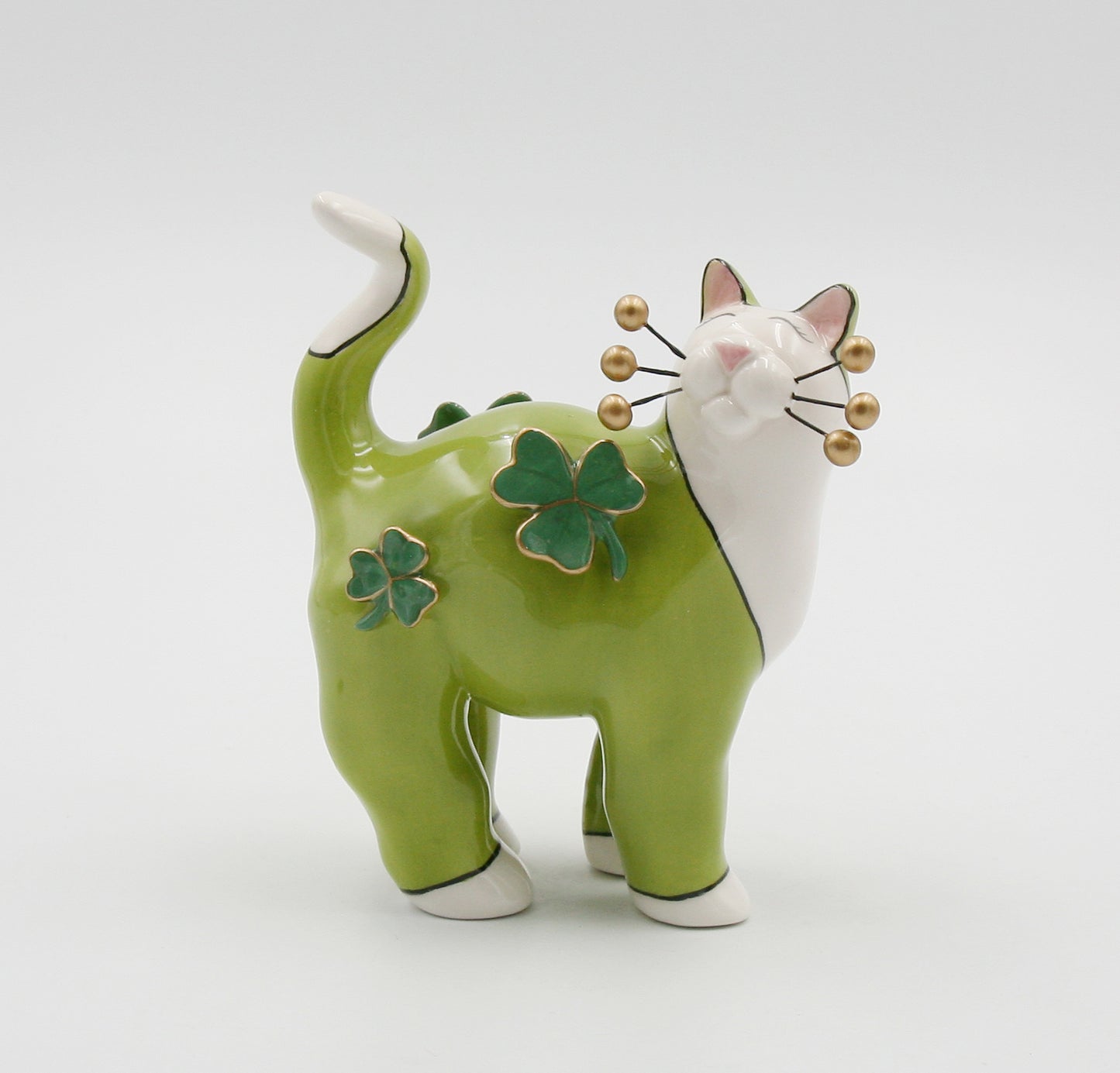 Ceramic Green Cat with Shamrocks and Golden Bead Whiskers Figurine, Home Décor, Gift for Her, Gift for Mom, Irish Saint Patrick’s Day Décor