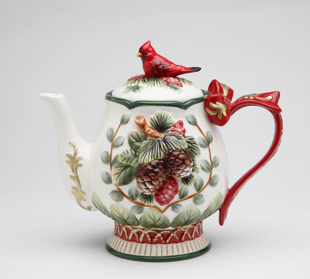 Ceramic Cardinal Bird and Pine Cones Christmas Teapot, Gift for Her, Gift for Mom, Tea Party Décor, Café Décor, Christmas Decor