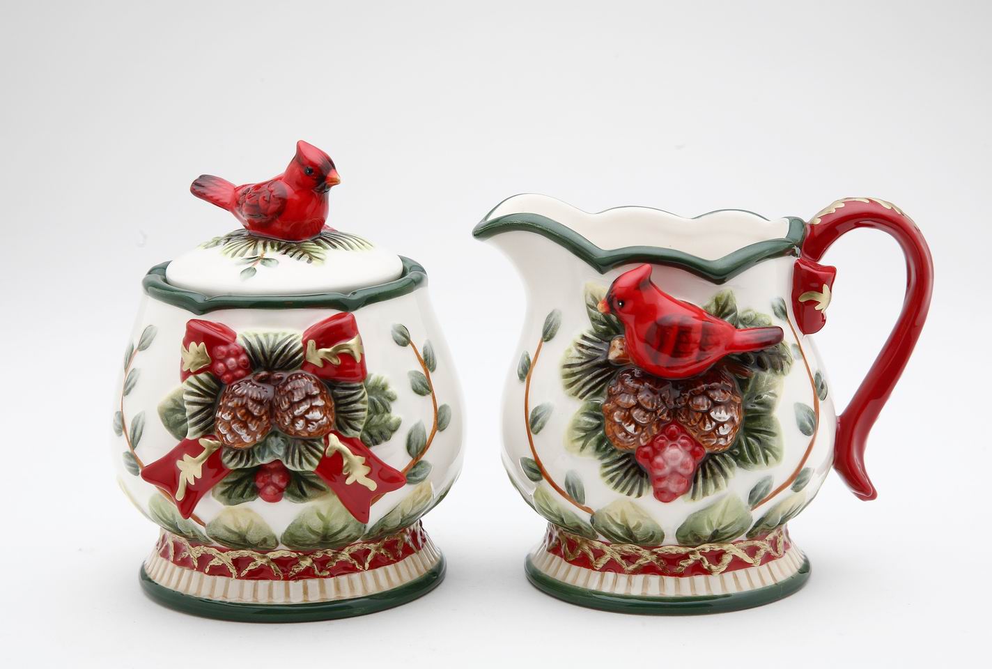 Ceramic Sugar Bowl and Creamer with Cardinals and Pine Cones, Home Décor, Gift for Her, Gift for Mom, Kitchen Décor, Christmas Décor