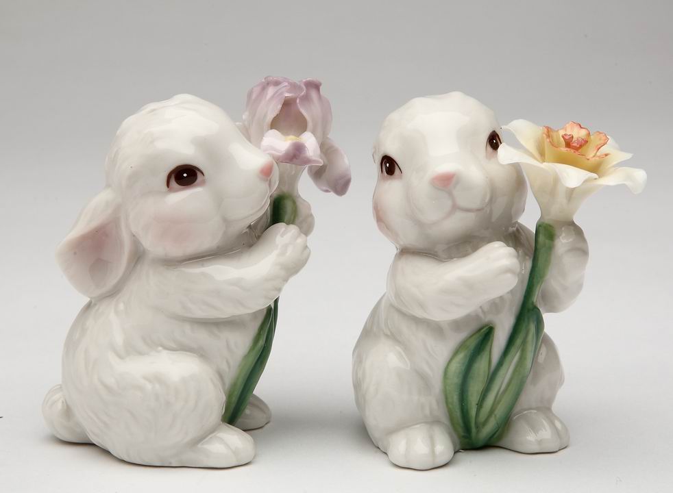 Easter Porcelain Bunny Rabbits with Flowers Salt & Pepper - kevinsgiftshoppe