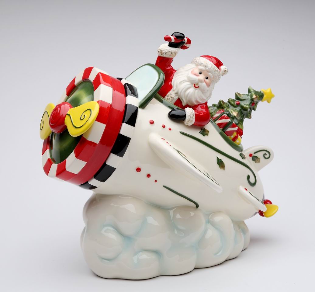 Ceramic Santa With Airplane Cookie Jar, Home Décor, Gift for Pilot, Gift for Her, Gift for Mom, Kitchen Décor, Christmas Décor