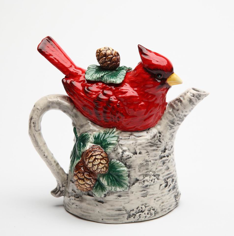 Ceramic Cardinal Bird On Birchtree Teapot, Gift for Her, Gift for Mom, Birdwatcher, Tea Party Décor, Café Décor, Christmas Décor