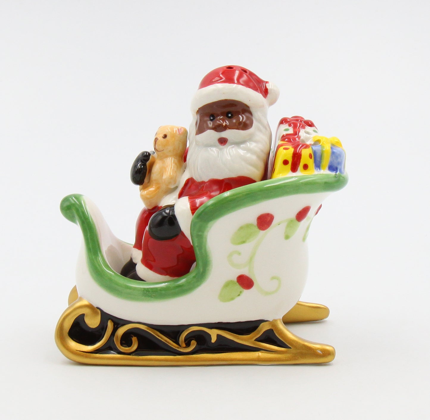 Ceramic Christmas African American Santa Riding Sleigh Salt And Pepper Shakers, Home Décor, Gift for Her, Gift for Mom, Kitchen Décor