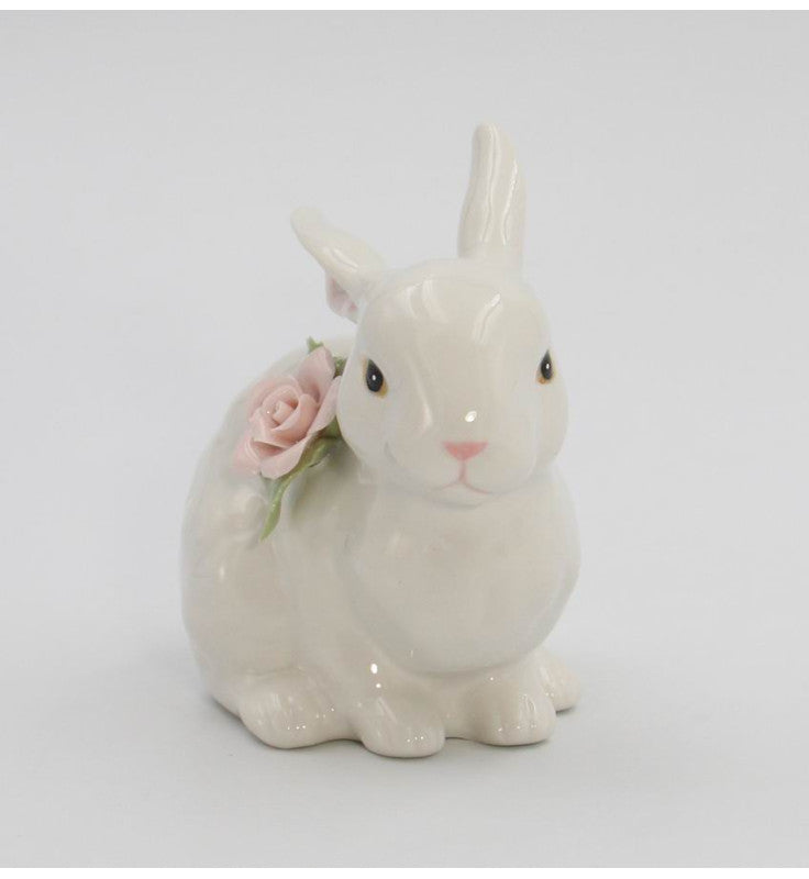 Springtime Bunnies: Easter Bunny Rabbit Crouching with Pink Rose Flower Figurine