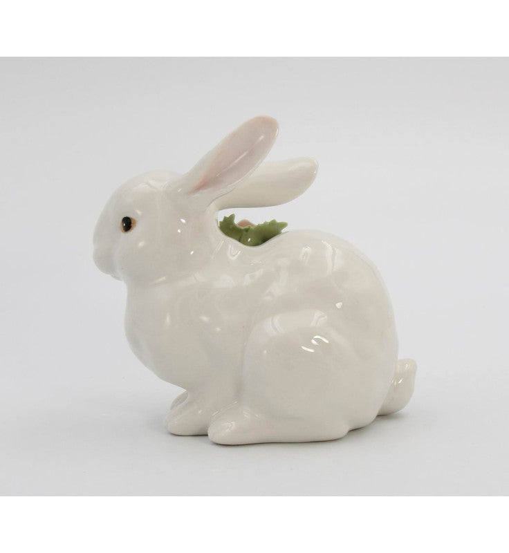 Springtime Bunnies: Easter Bunny Rabbit Crouching with Pink Rose Flower Figurine