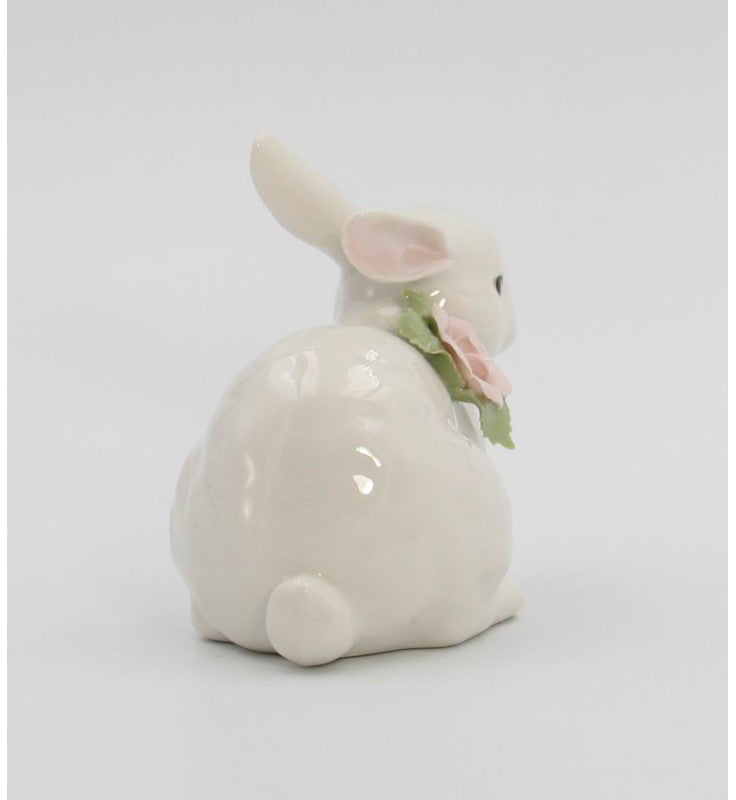 Springtime Bunnies: Easter Bunny Rabbit Crouching with Pink Rose Flower Figurine