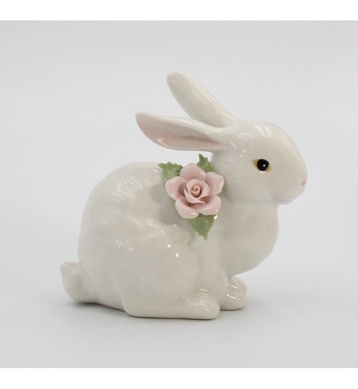 Springtime Bunnies: Easter Bunny Rabbit Crouching with Pink Rose Flower Figurine