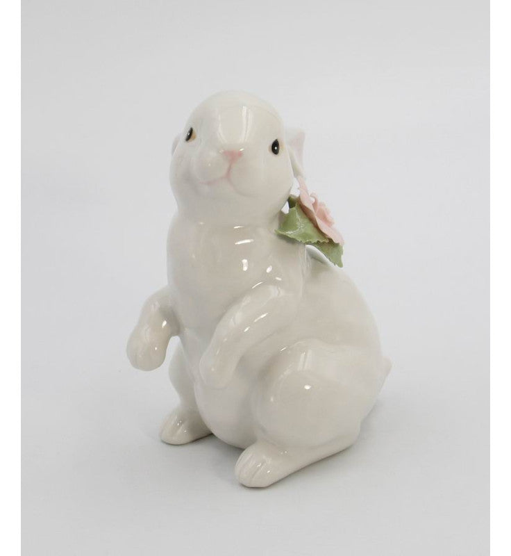 Springtime Bunnies: Standing Easter Bunny Rabbit with Pink Rose Flower Figurine