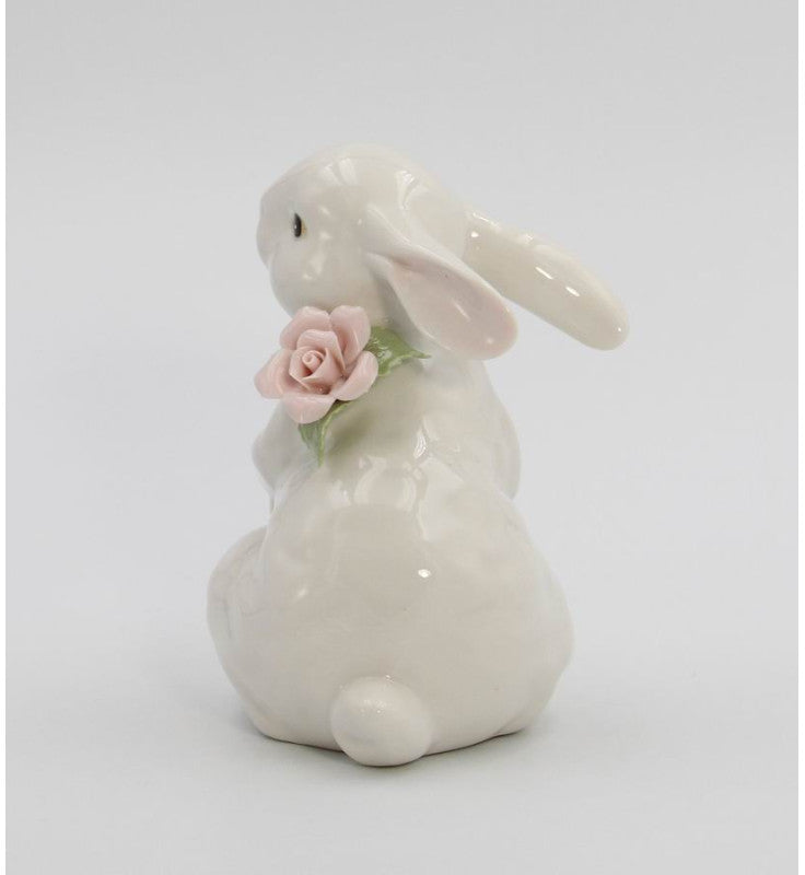 Springtime Bunnies: Standing Easter Bunny Rabbit with Pink Rose Flower Figurine