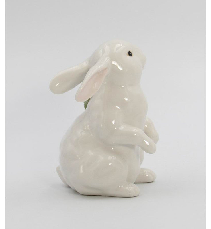 Springtime Bunnies: Standing Easter Bunny Rabbit with Pink Rose Flower Figurine