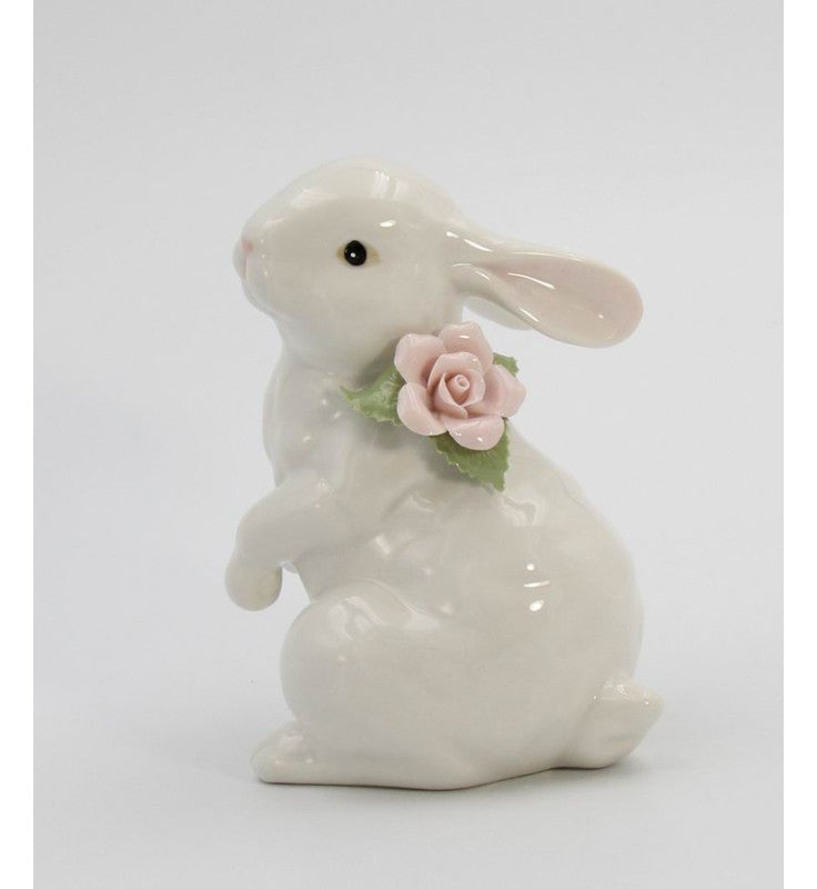 Springtime Bunnies: Standing Easter Bunny Rabbit with Pink Rose Flower Figurine