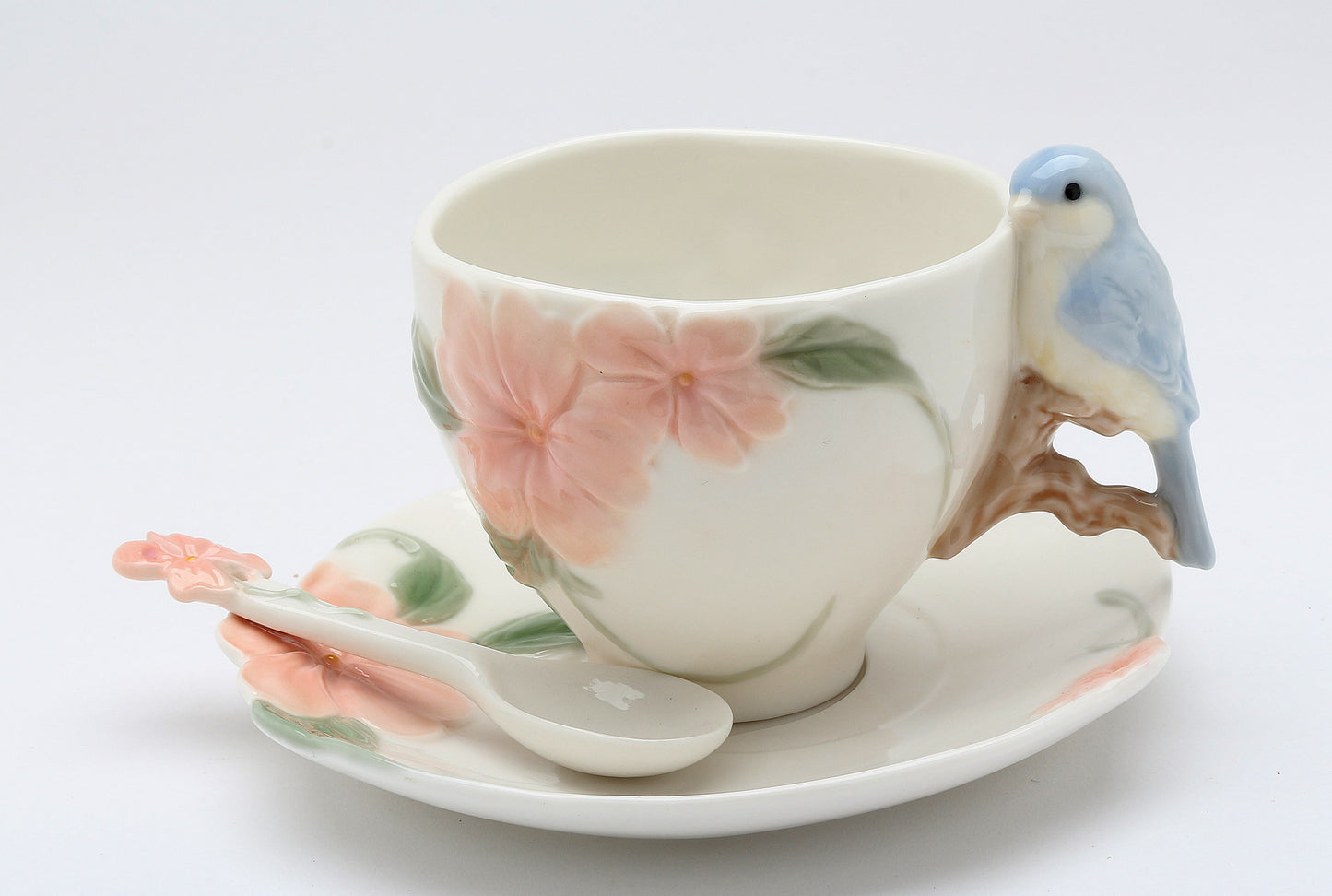 Bluebird Apple Blossom Cup & Saucer - 6 pc set (2 cups, 2 saucers, 2 spoons) - kevinsgiftshoppe