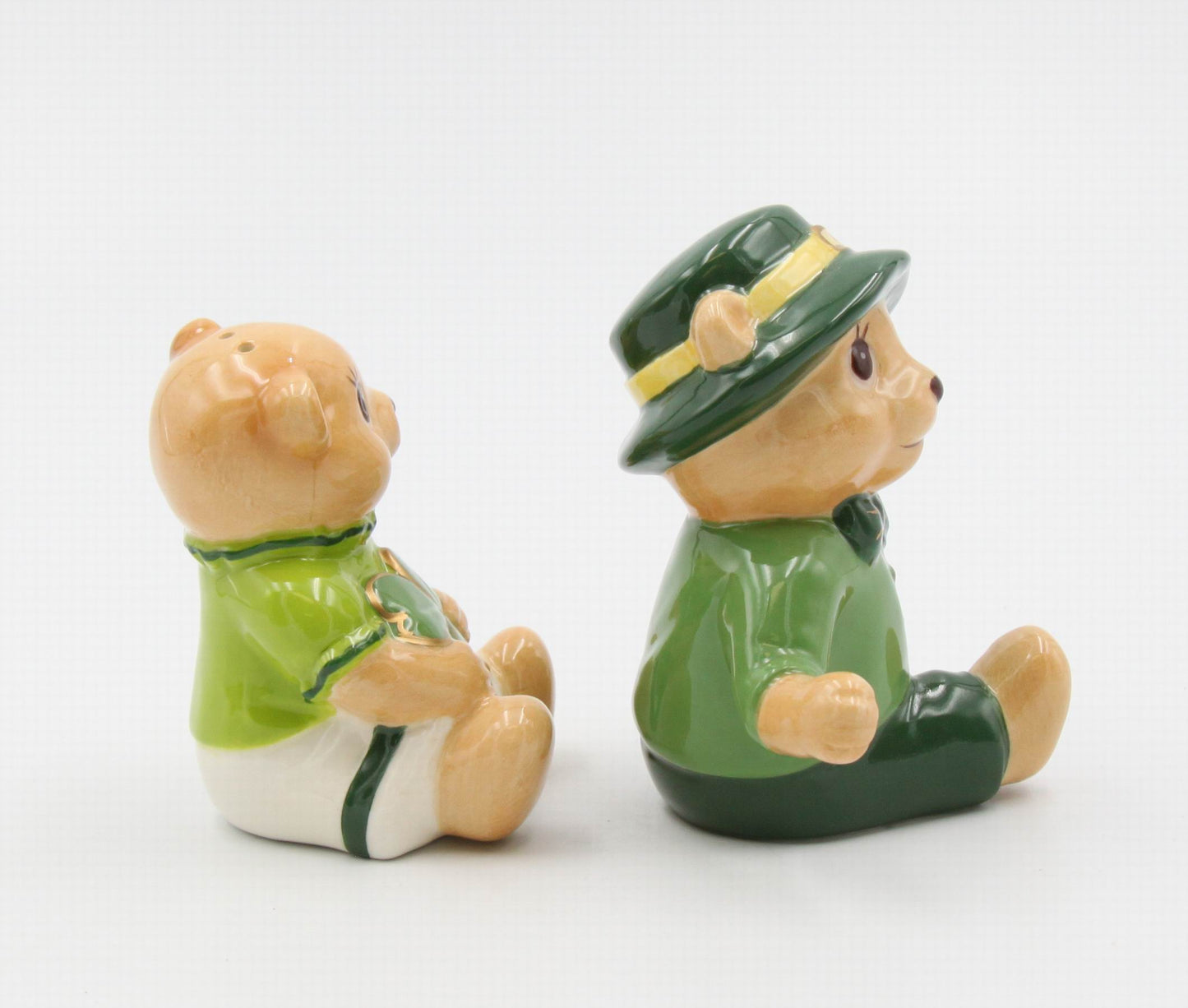 Ceramic Irish Teddy Bear Couple with Shamrock Salt and Pepper, Gift for Her, Gift for Mom, Kitchen Décor, Irish Saint Patrick’s Day Décor