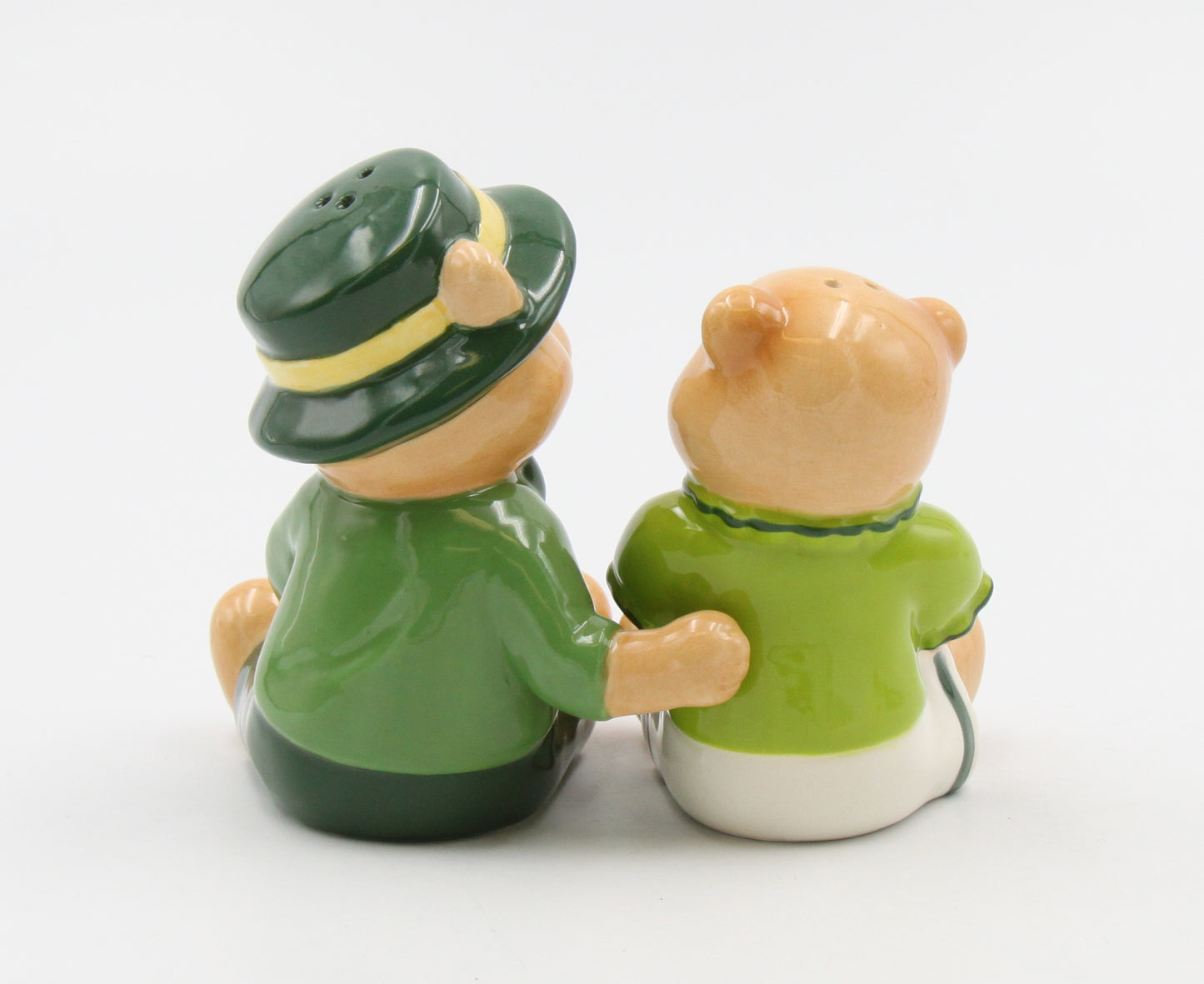 Ceramic Irish Teddy Bear Couple with Shamrock Salt and Pepper, Gift for Her, Gift for Mom, Kitchen Décor, Irish Saint Patrick’s Day Décor