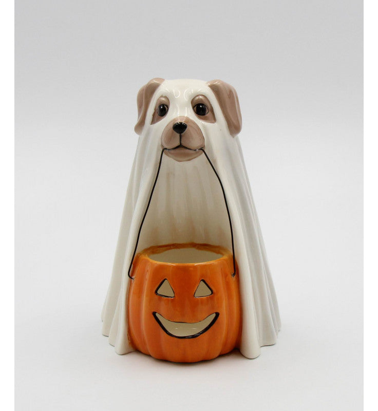 Halloween Decor Ghost Dog Holding Pumpkin Jack-O-Lantern Tealight Candle Holder (CANDLE NOT INCLUDED) - kevinsgiftshoppe