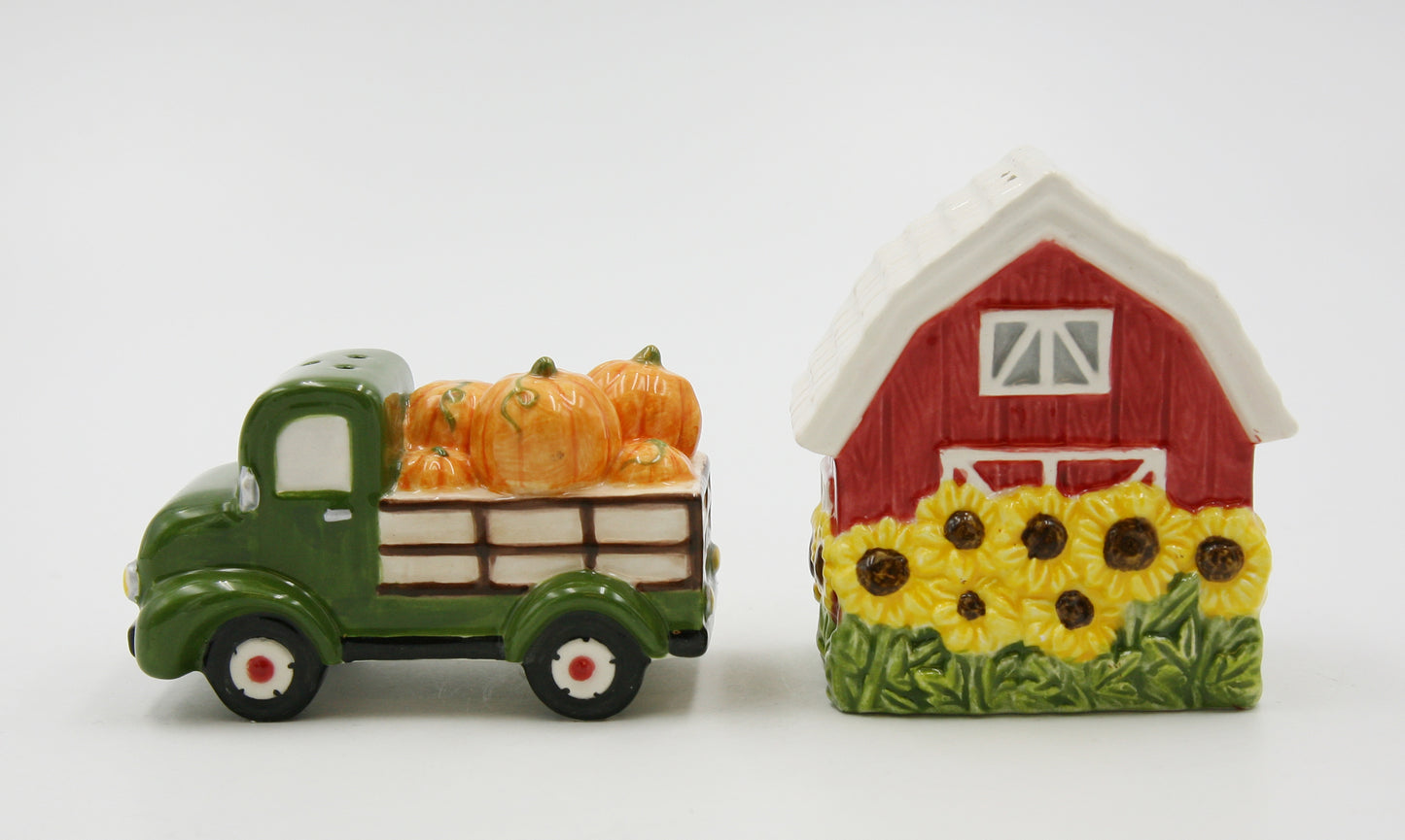 Ceramic Sunflower Barn and Red Pickup Truck With Pumpkins Salt and Pepper Shakers, Gift for Her or Mom, Fall Décor, Farmhouse Decor