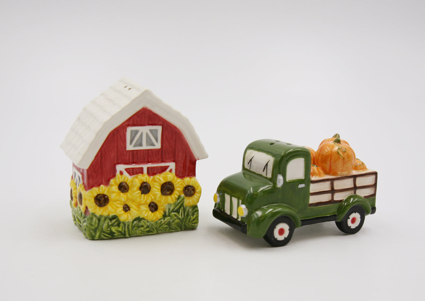 Ceramic Sunflower Barn and Red Pickup Truck With Pumpkins Salt and Pepper Shakers, Gift for Her or Mom, Fall Décor, Farmhouse Decor