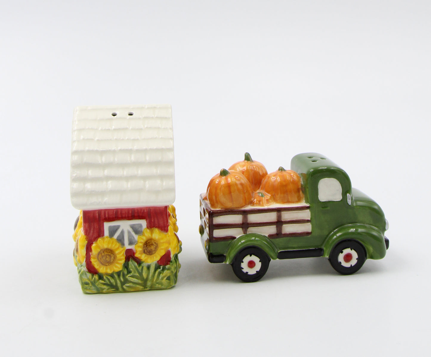 Ceramic Sunflower Barn and Red Pickup Truck With Pumpkins Salt and Pepper Shakers, Gift for Her or Mom, Fall Décor, Farmhouse Decor