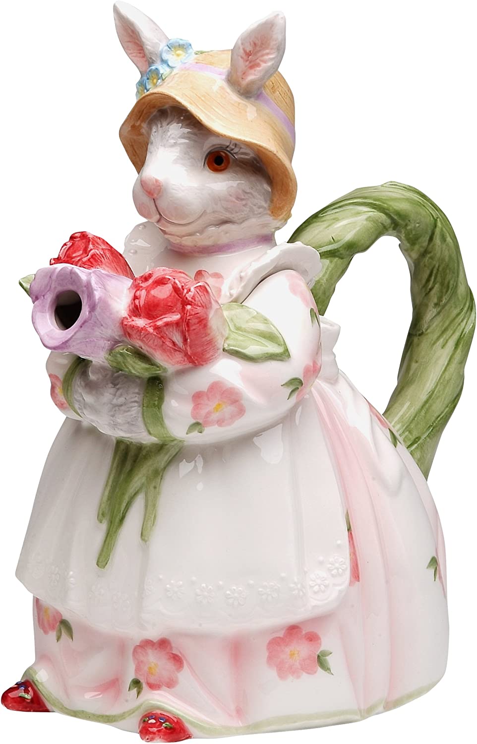 Ceramic Bunny Rabbit Holding Rose Flowers Teapot, Home Décor, Gift for Her, Gift for Mom, Kitchen Décor, Spring Décor, Easter Décor