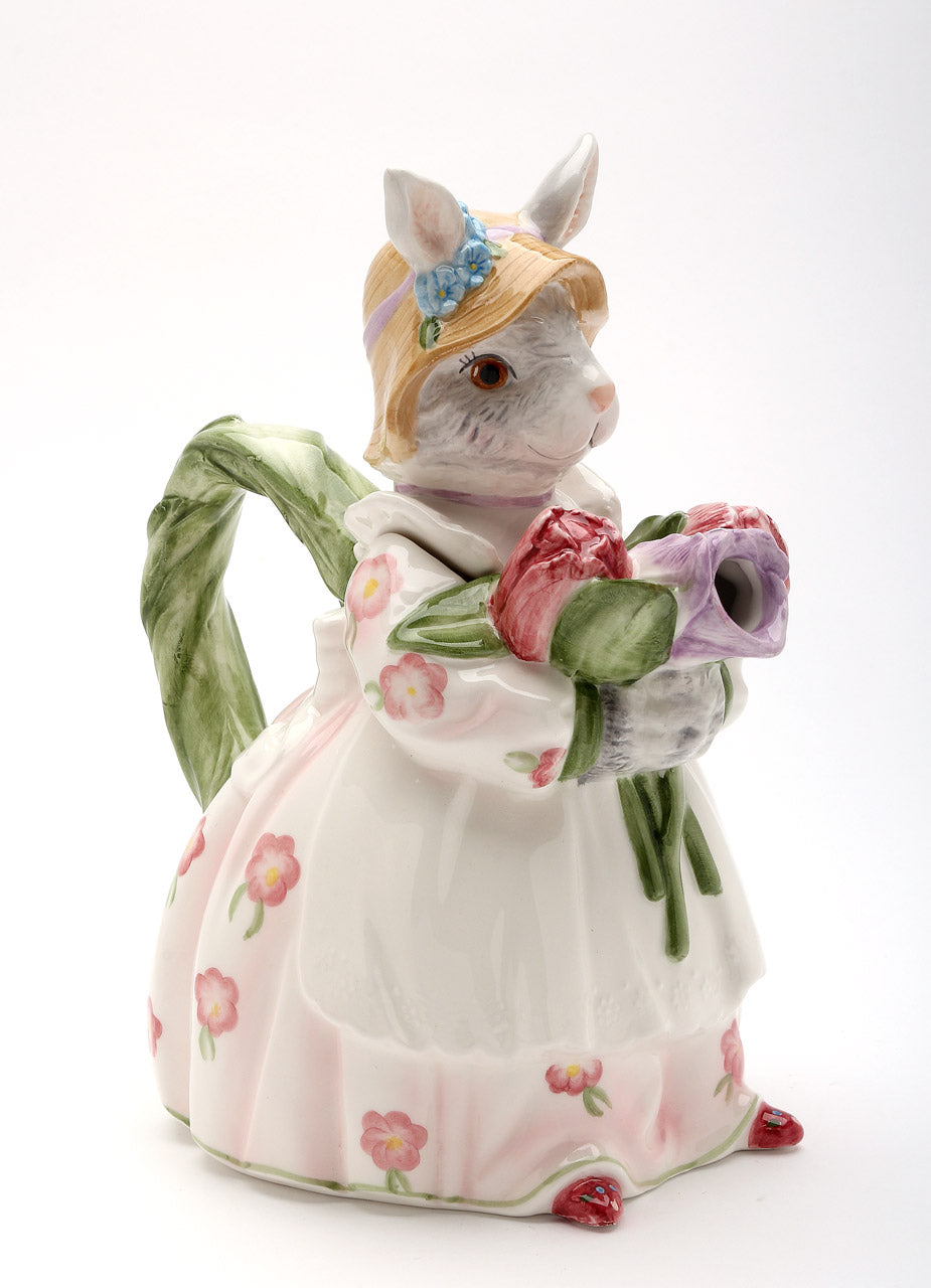 Ceramic Bunny Rabbit Holding Rose Flowers Teapot, Home Décor, Gift for Her, Gift for Mom, Kitchen Décor, Spring Décor, Easter Décor