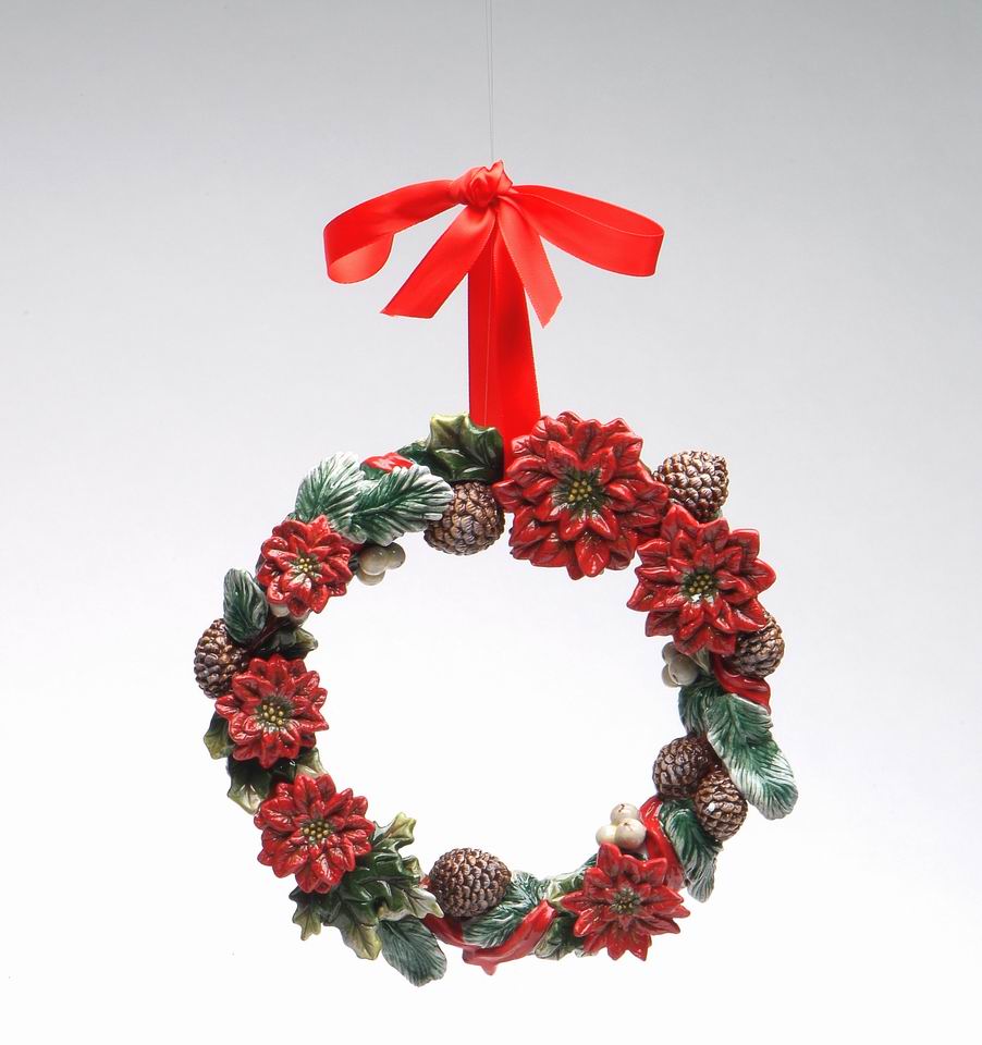 Ceramic Poinsettia Flowers with Pinecones Wreath With Red Ribbon, Home Décor, Gift for Her, Gift for Mom, Kitchen Décor, Christmas Décor