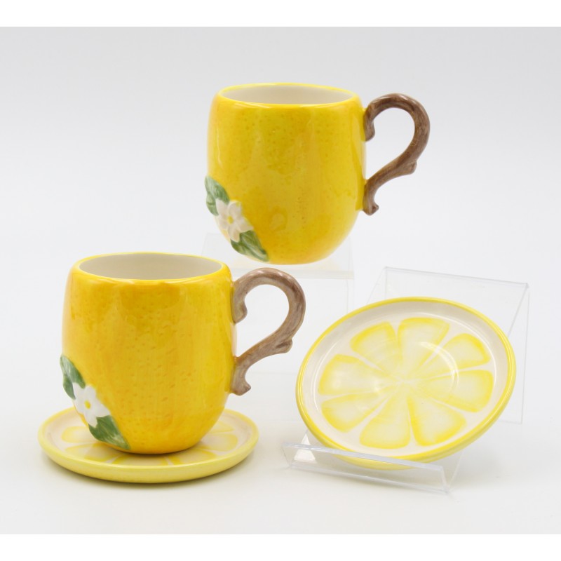 Ceramic Lemon Cup And Saucer Set-2 Sets, Gift for Her, Gift for Mom, Gift for Friend or Coworker, Tea Party Décor, Café Decor