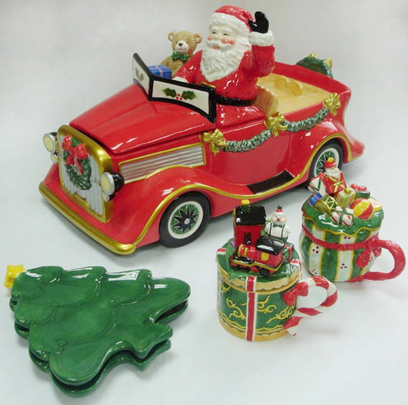 Ceramic Christmas Santa Candy Delivery - 1  Jar, 2  Plates, 2 Mugs, Home Décor, Gift for Her, Gift for Mom, Kitchen Décor