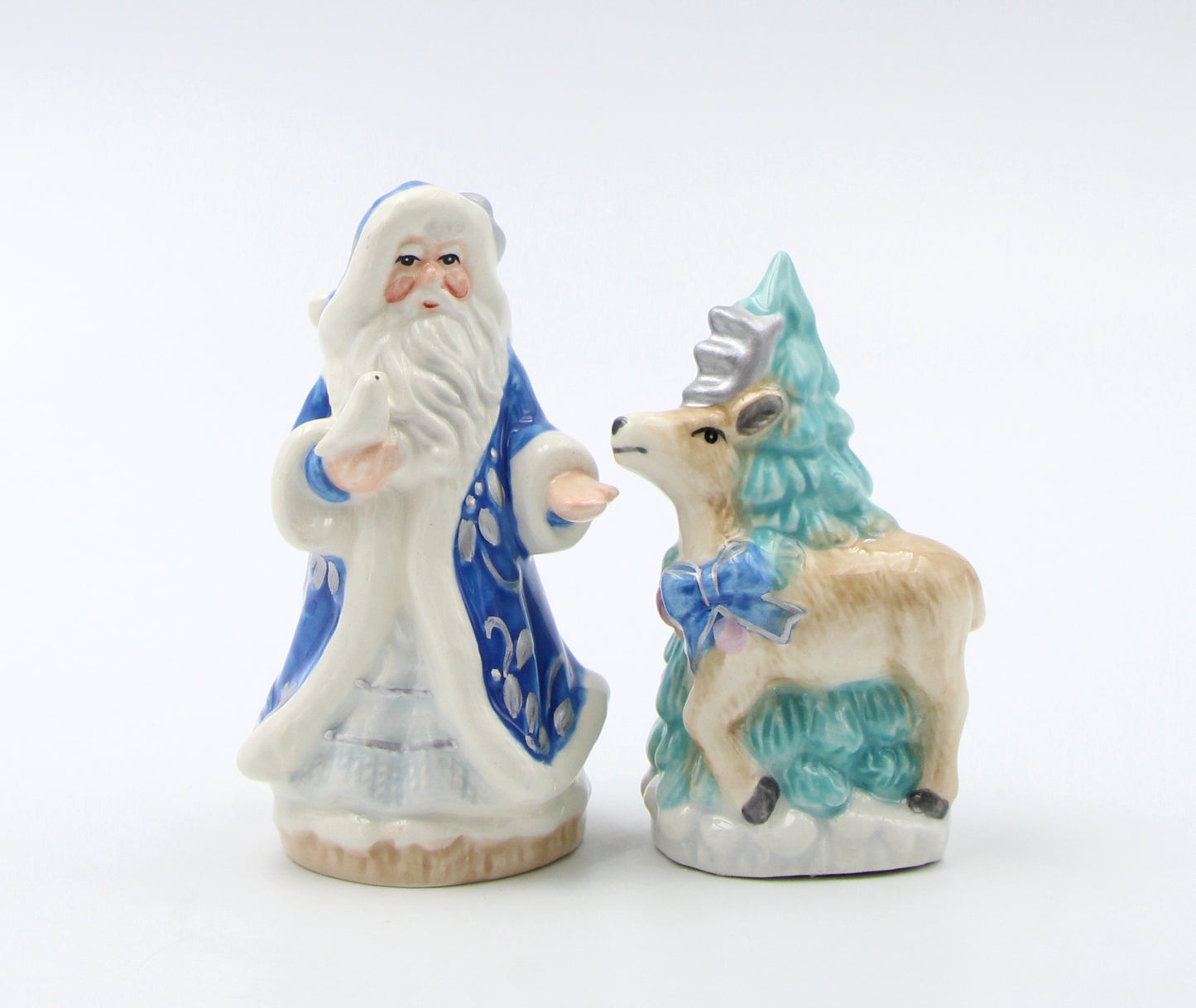 Hand Painted Ceramic Blue Santa Claus with Reindeer & Tree Salt and Pepper Shakers, Home Décor, Gift for Her, Gift for Mom, Kitchen Décor