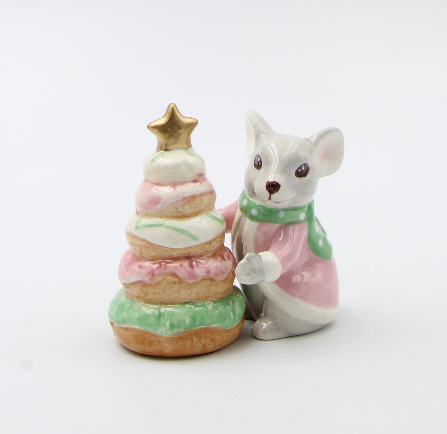 Ceramic Pastel Color Mouse with Donut Tree Salt and Pepper Shakers, Home Décor, Gift for Her, Gift for Mom, Kitchen Décor, Christmas Décor