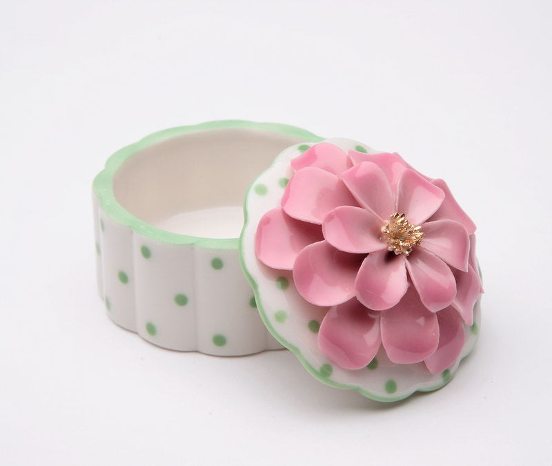 Ceramic Dotted Jewelry Box with Pink Flower, Home Décor, Gift for Her, Gift for Mom, Spring Décor, Vanity Decor