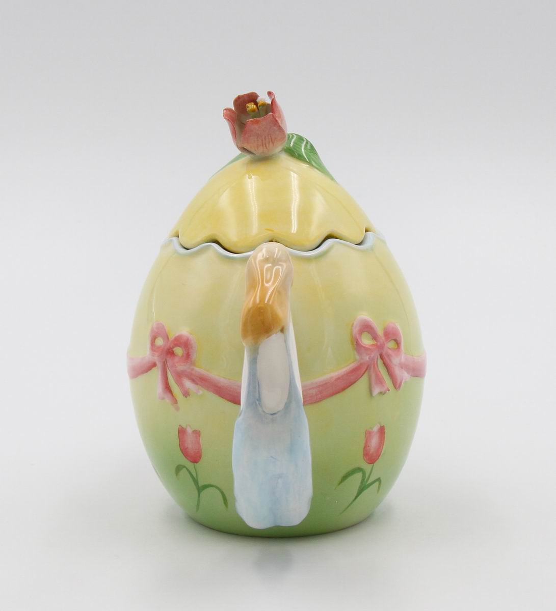 Ceramic Easter Rabbits Around Egg Shaped Teapot, Gift for Her, Gift for Mom, Tea Party Décor, Café Décor, Spring Decor, Farmhouse Decor
