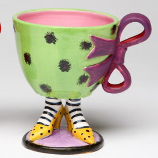 Ceramic Green Cup with Purple Bow on Yellow Heels, Home Décor, Gift for Her, Mom, Friend, or Coworker, Kitchen Décor, Office Decor