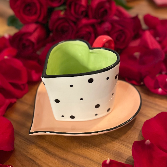 Ceramic Dotted Heart Shaped Cup & Saucer, Gift for Her, Gift for Mom, Gift for Friend or Coworker, Tea Party Décor, Café Decor