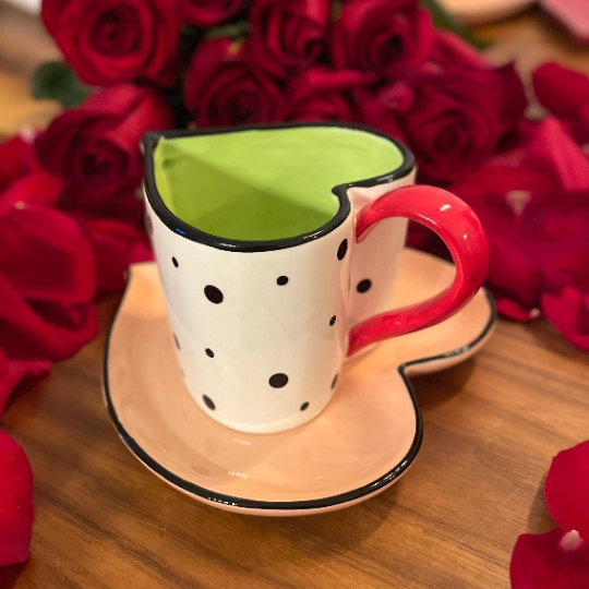 Ceramic Dotted Heart Shaped Cup & Saucer, Gift for Her, Gift for Mom, Gift for Friend or Coworker, Tea Party Décor, Café Decor