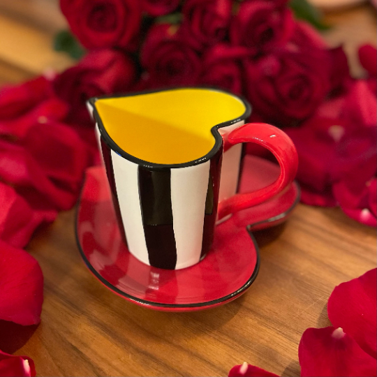 Ceramic Valentines Heart Shaped Striped Cup and Saucer, Gift for Her, Gift for Mom, Gift for Friend or Coworker, Tea Party Décor, Café Decor