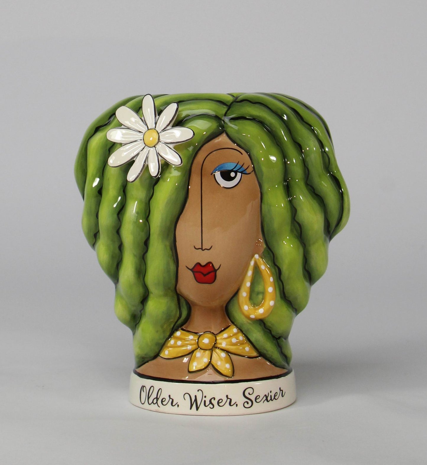 Ceramic African American Lady with Green Hair Makeup Brush or Pen Holder, Home Décor, Gift for Her, Mom, Friend, or Coworker, Vanity Décor